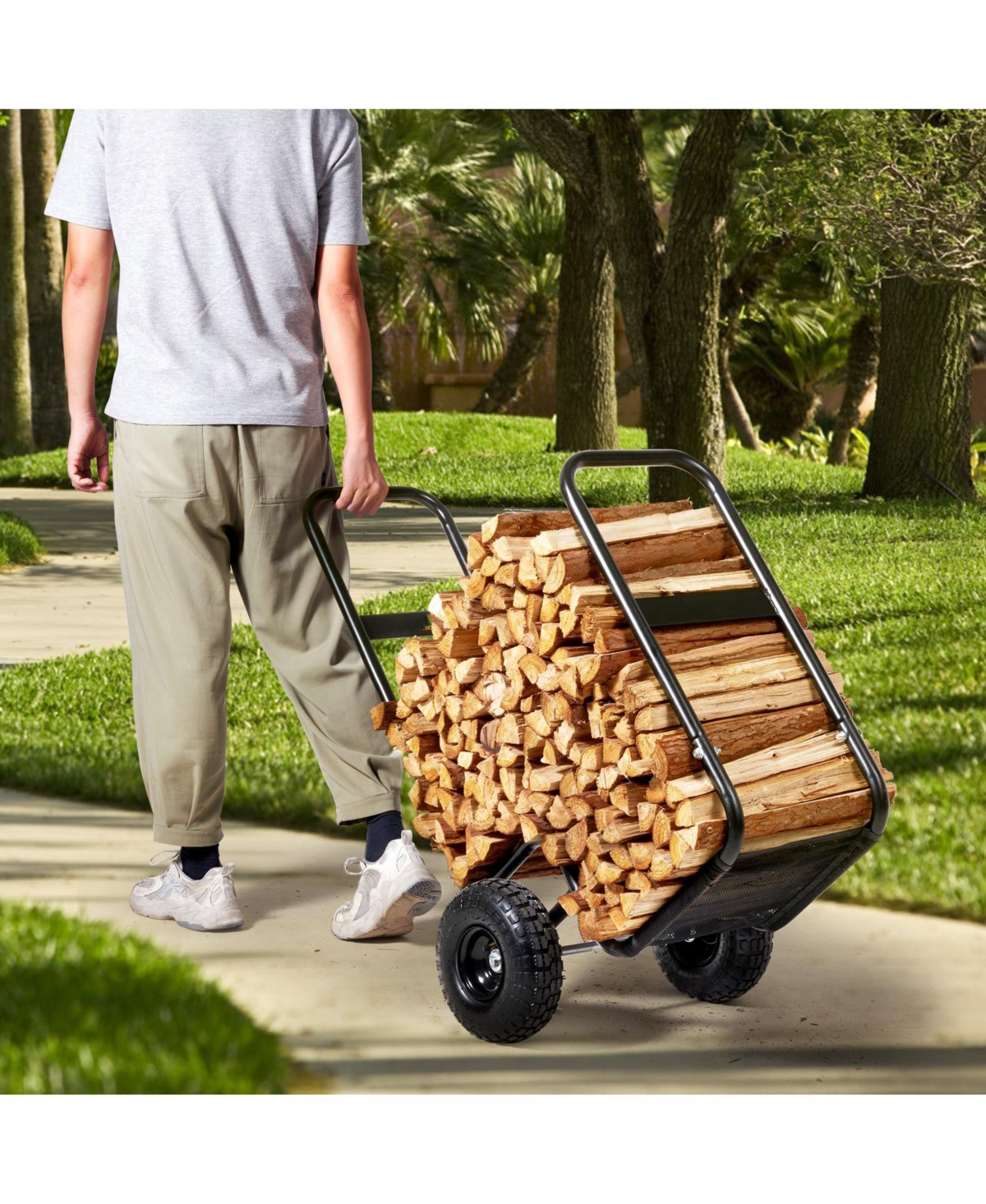 Slickblue Firewood Dolly Cart with Rubber Wheels Heavy Duty Wood Carrier