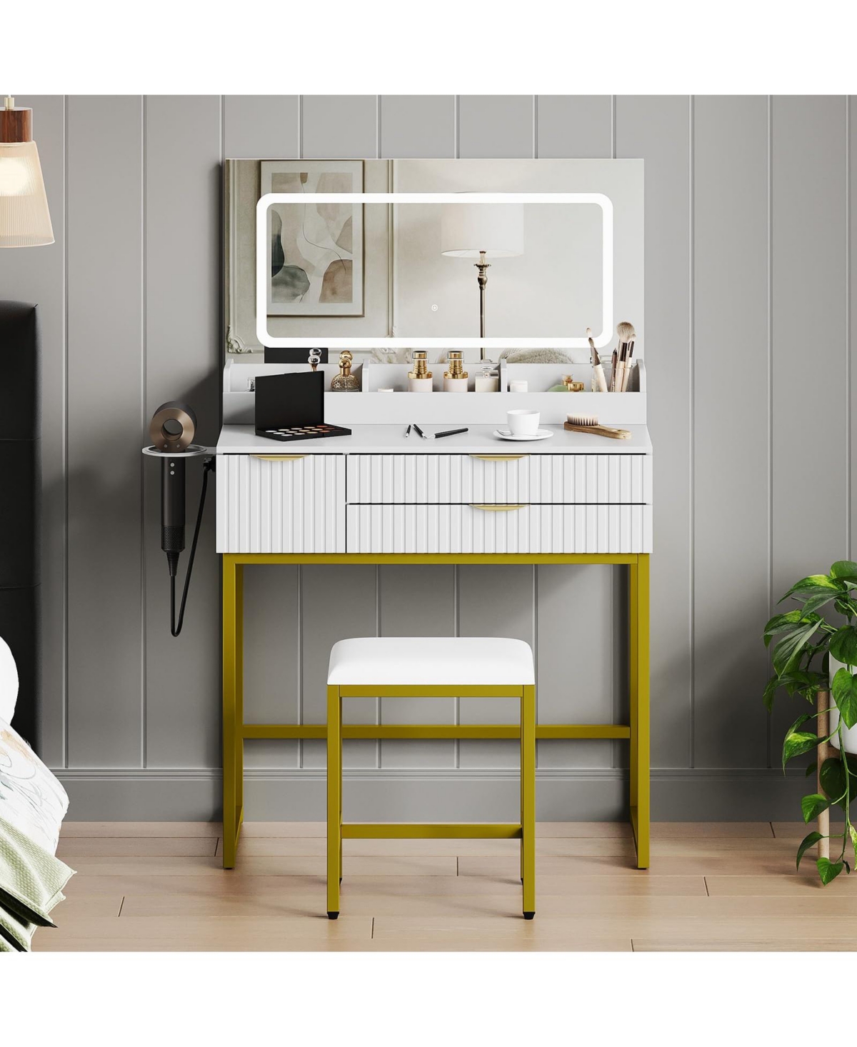 gaomon Modern Led Vanity Desk with 3-Color Lighted Mirror and Power Outlet, Makeup Table with 3 Storage Drawers for Primary Bedroom