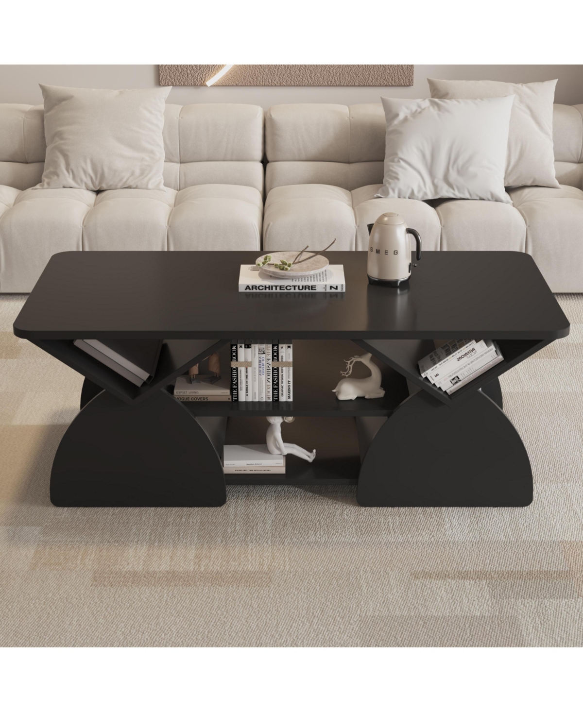 flynama Modern Rectangular Coffee Table with Storage Shelves Engineered Wood