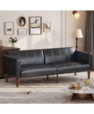 3-Mode Convertible Faux Leather Loveseat, Adjustable Backrest Futon Sofa Bed with Side Pockets, Mid-Century Furniture for Small Indoor Spaces