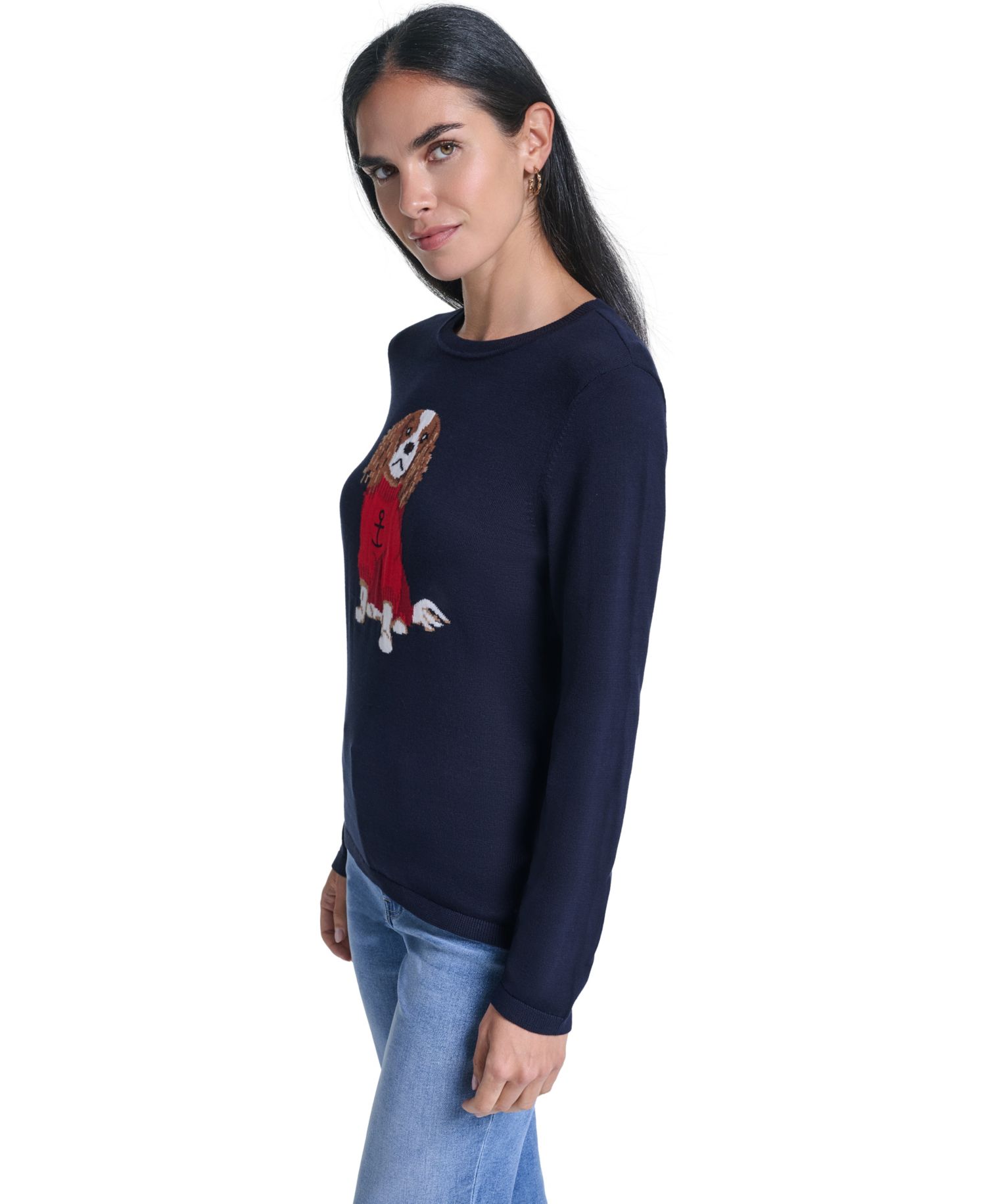 Women's Intarsia Dog Long-Sleeve Crewneck Sweater