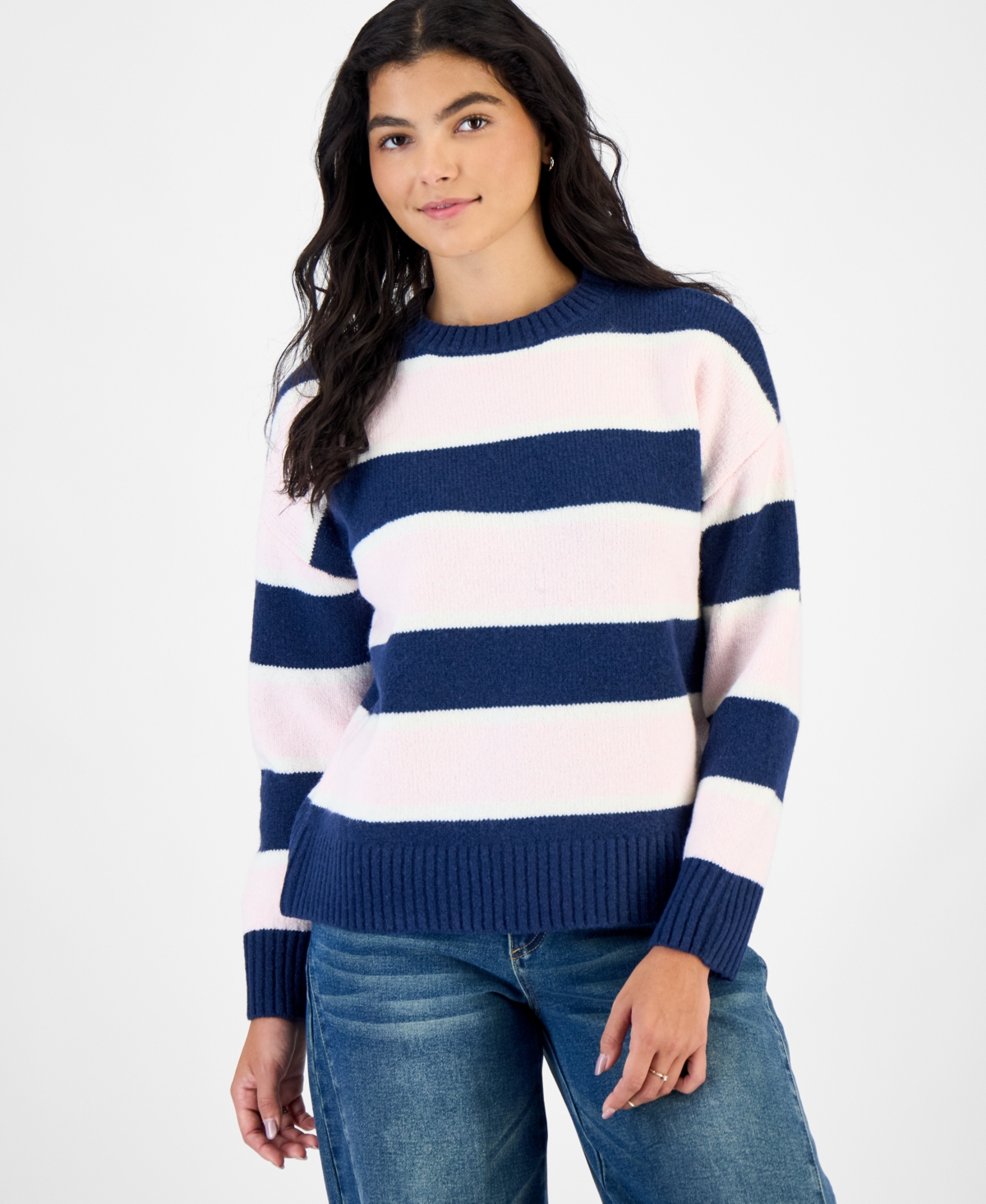 Hippie Rose Juniors' Stripe Oversized Crewneck Drop-shoulder Sweater In Navy,pink Stripe