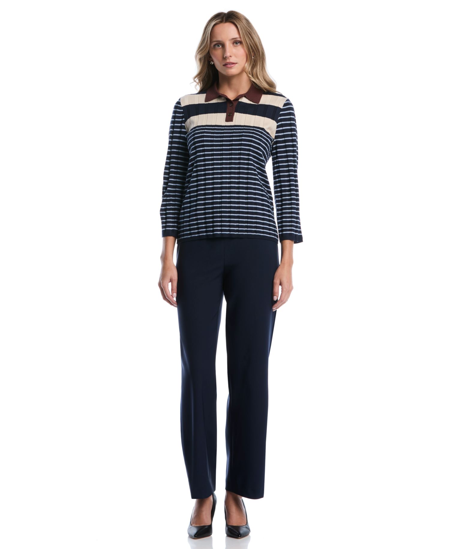 Petite Striped Polo 3/4-Sleeve Sweater