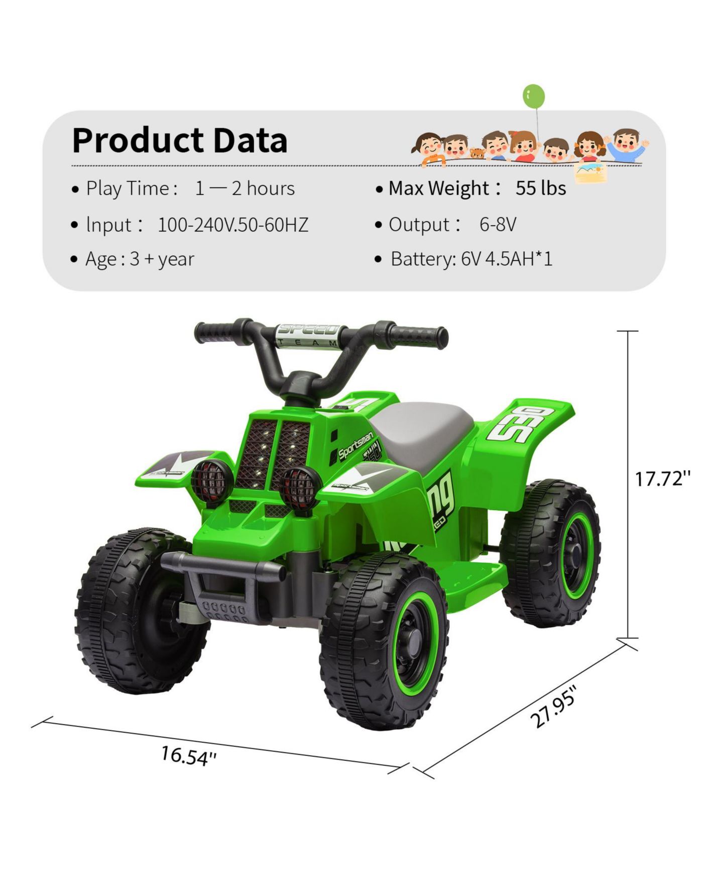 Детская игрушка homfan Electric 4-Wheeler Ride-On ATV, 6V Battery Powered, Push-Button Accelerator, Up to 55 lbs, Ages 3+, цвет: Зелёный — фото 2