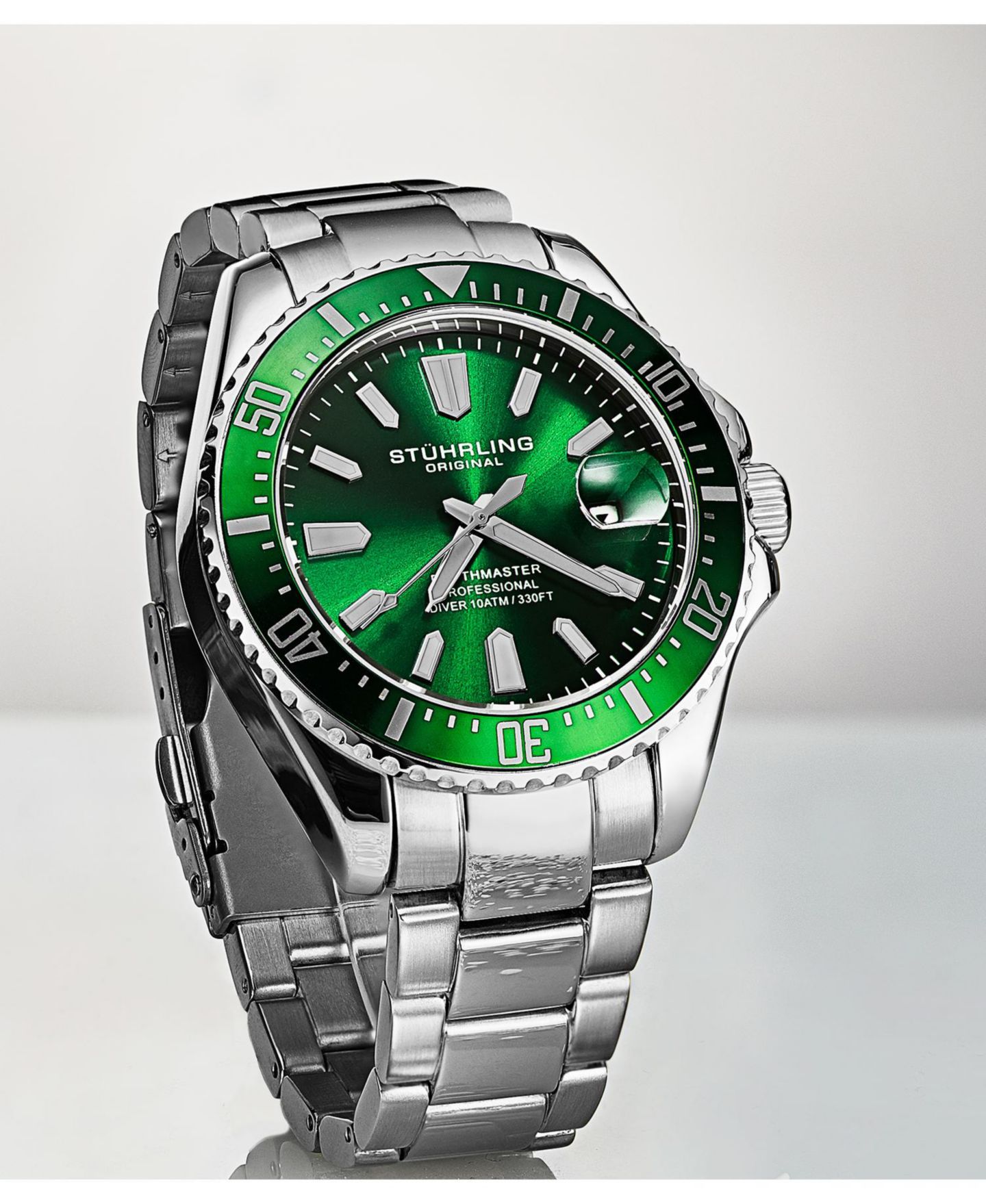 Мужские часы Stuhrling Aquadiver Silver-tone Stainless Steel, Green Dial, 42mm Round Watch, цвет: Серебряный — фото 4