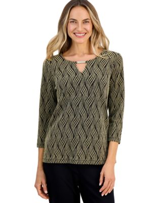 Petite Metallic 3/4-Sleeve Keyhole Top