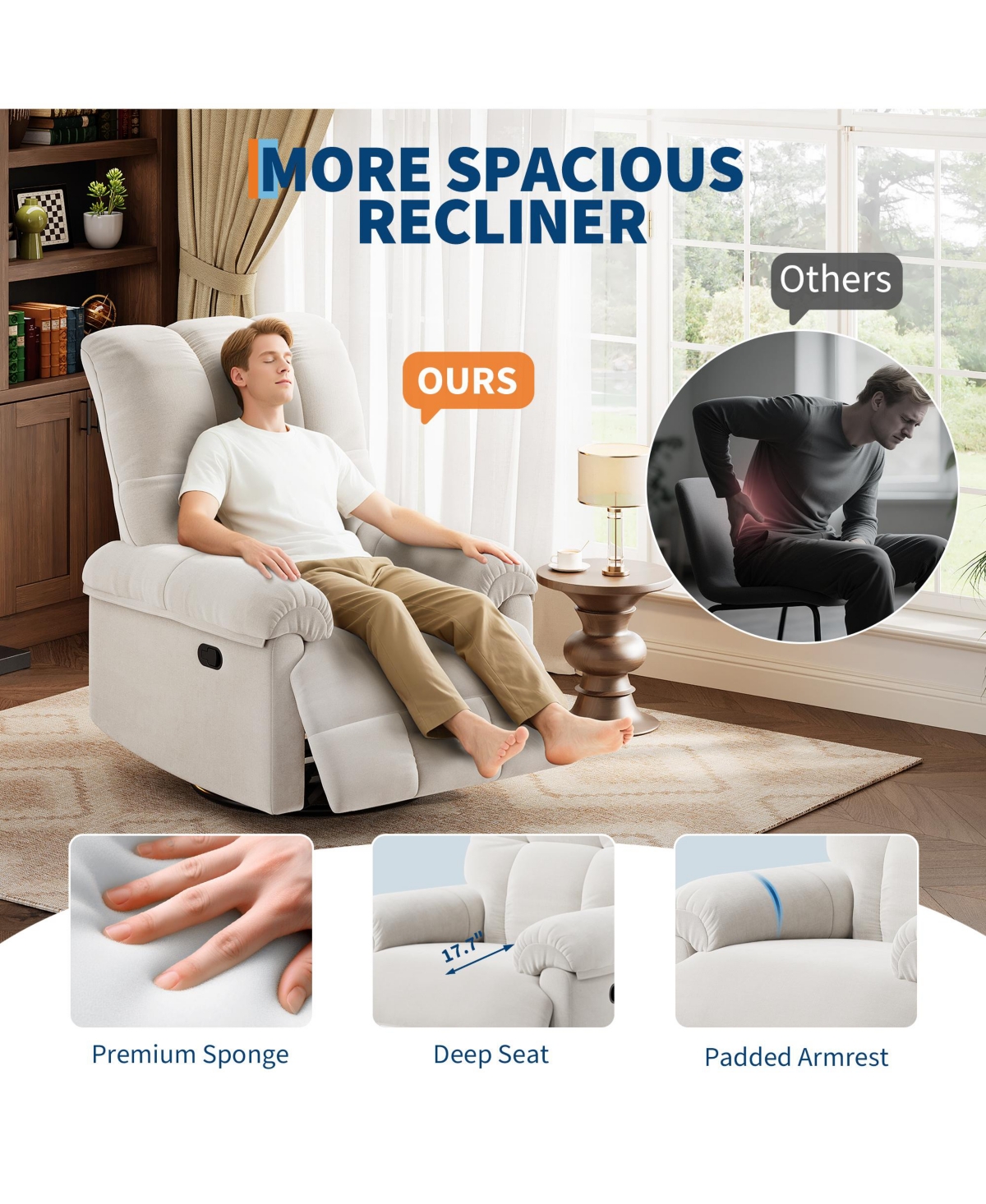 homfan Recliner Chair, 360 degrees Swivel Rocker Glider with Padded Armrest and Deep Seat, Chenille Upholstered Chair for Living Room, Bedroom