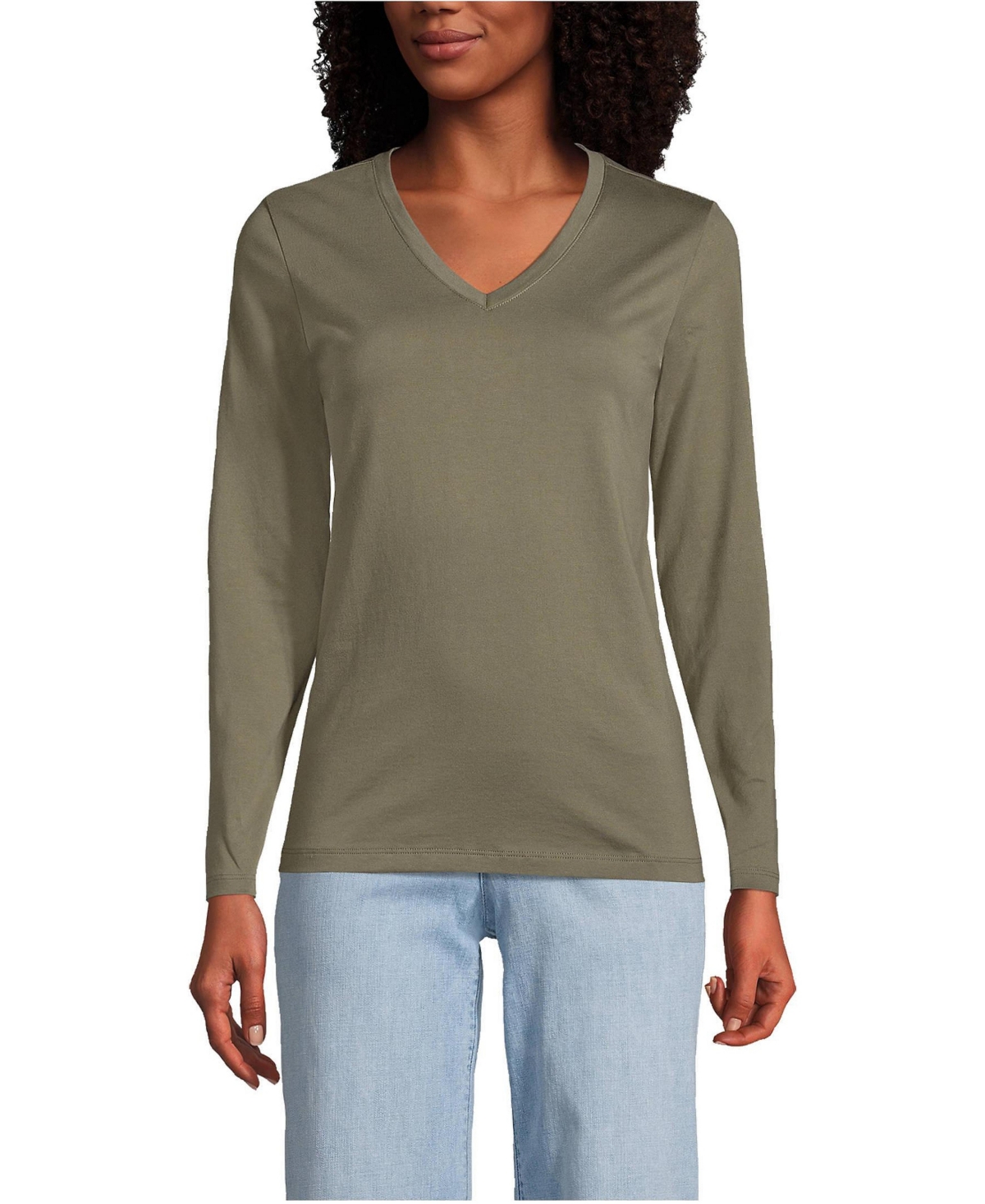 Lands' End Women's Relaxed Supima Cotton Long Sleeve V-Neck T-Shirt - Forest moss