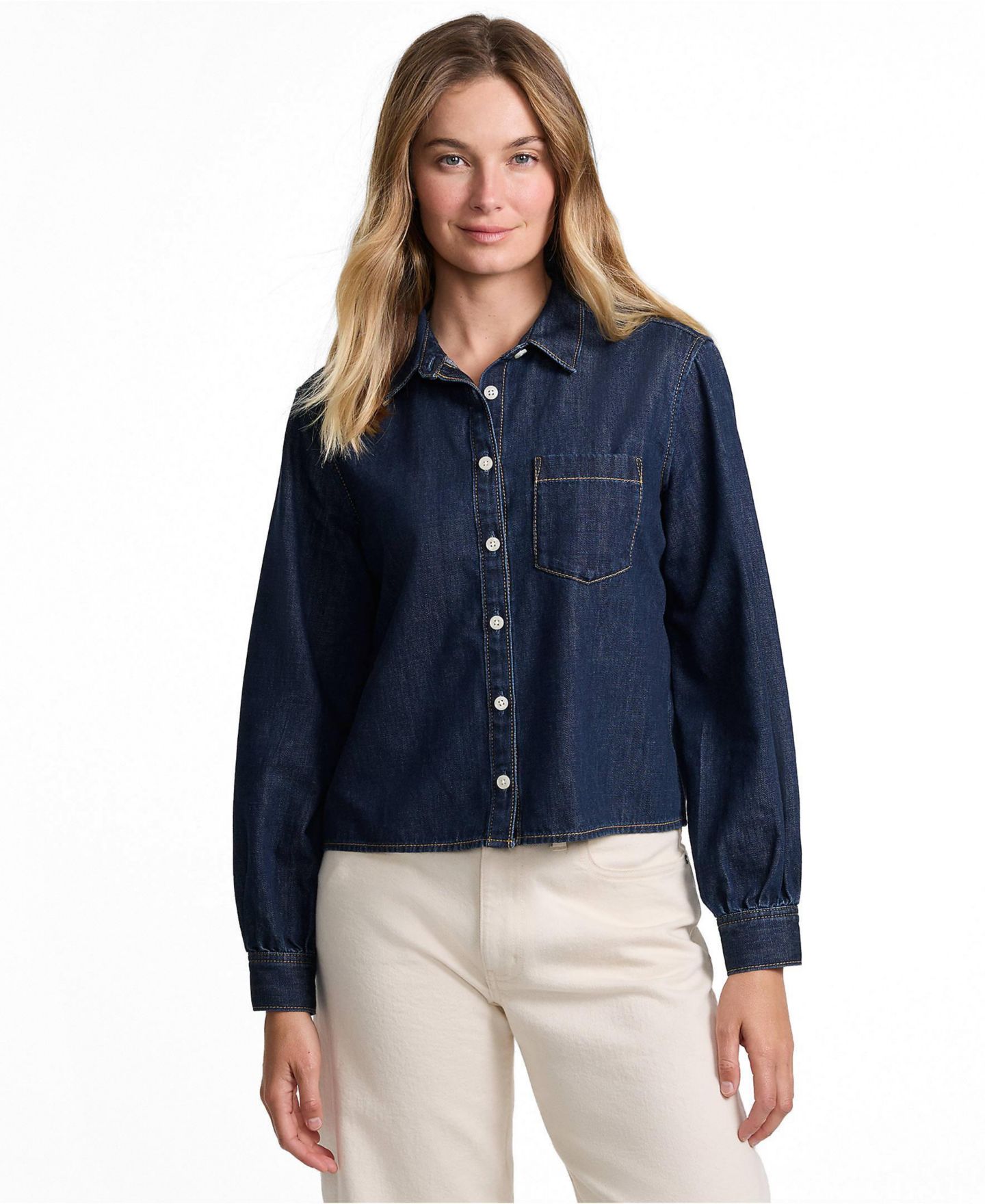 Женская рубашка Lands' End Long-Sleeve Cropped Denim, цвет: Тёмный индиго — фото 2