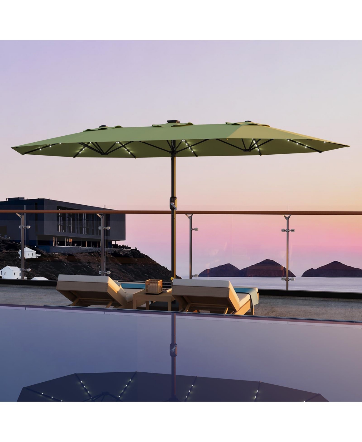 homfan 15 Patio Umbrella with Base Included, Solar Lights, 10 Ribs, Uv Protection and Waterproof Canopy for Garden