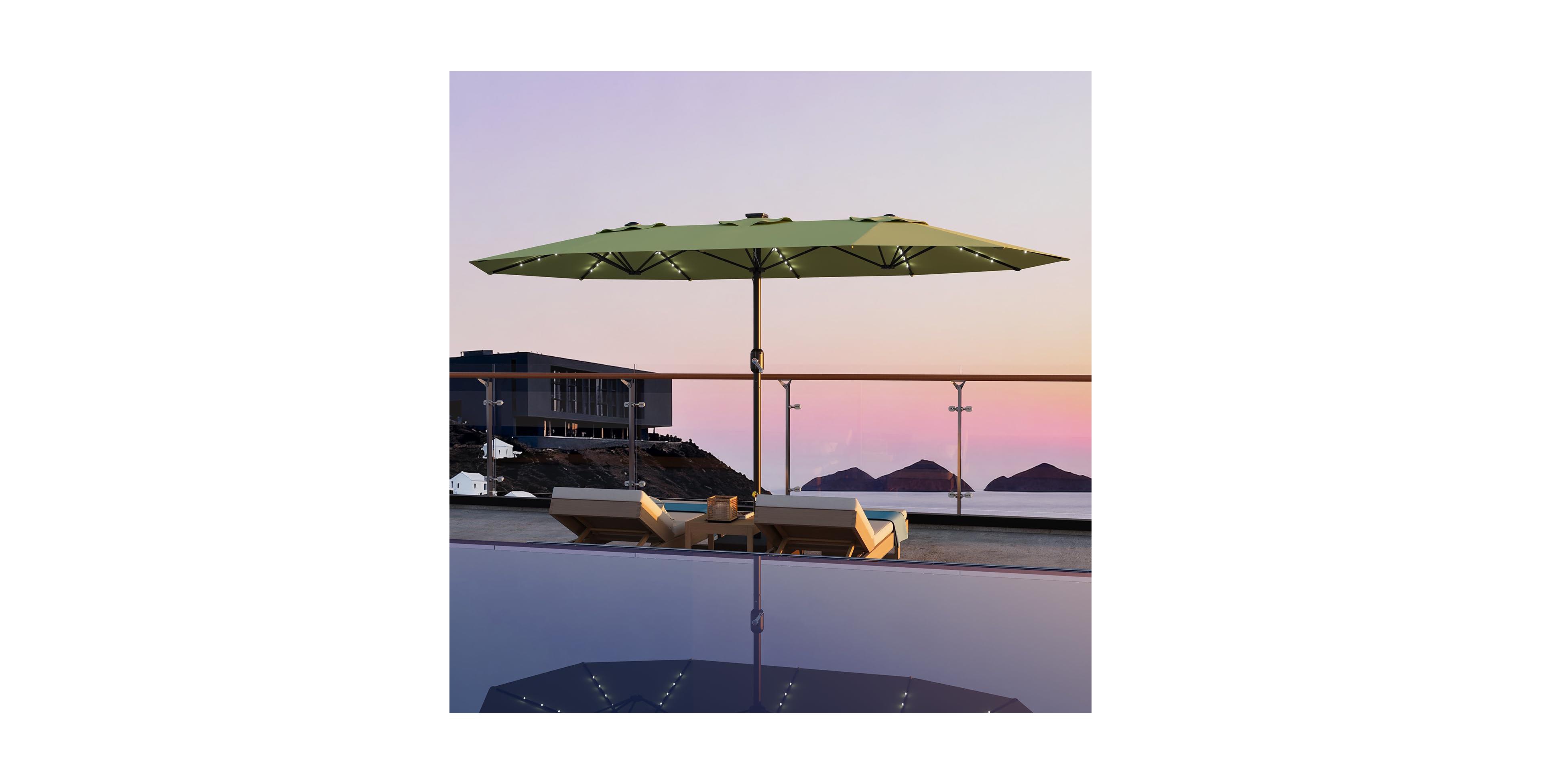 homfan 15 Patio Umbrella with Base Included, Solar Lights, 10 Ribs, Uv Protection and Waterproof Canopy for Garden