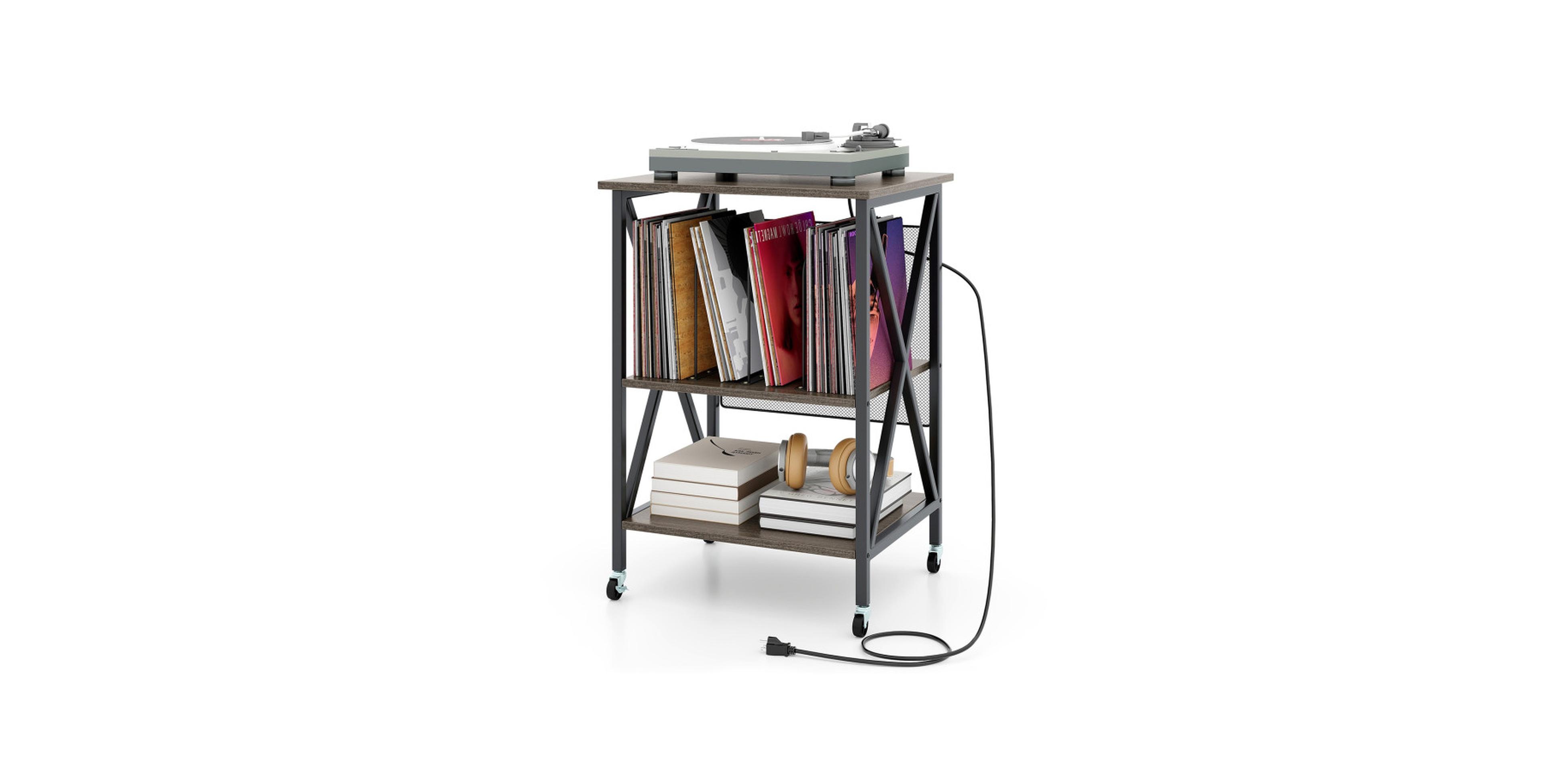 Gouun Mid-Century Record Player Stand with Built-in 2 Usb Charging Station