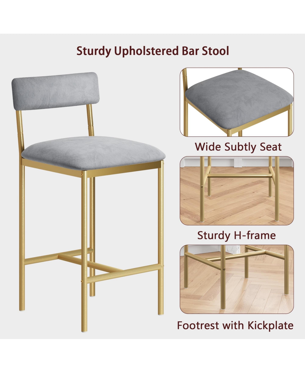gaomon Bar Stools Set of 4, Kitchen Bar Stools with Footrest, 25.5 Inches Upholstered Bar Chairs with Frame and Ergonomic Backrest