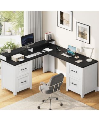 63 Inch L-Shaped Desk with 4 File Drawers and Power Outlets, Large Corner Computer Desk with Integrated Monitor Stand, Rustic Office Desk