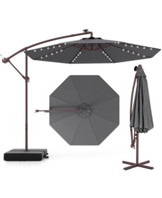 Patio Hanging Offset Umbrella 32 LED Lights Sand Bag Outdoor Cross Base