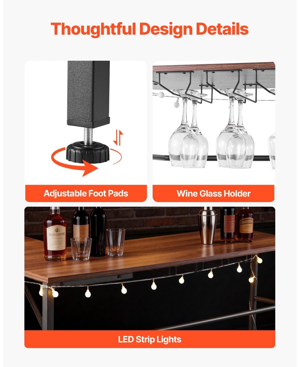 Sugift L-Shaped 3-Tier Home Bar Cabinet Table with Storage Shelves Adjustable Foot Pads and Led Light