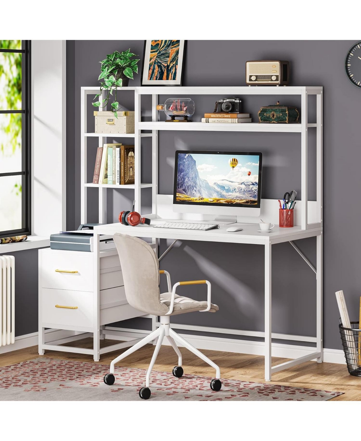 Tribesigns 55" Computer Desk with 2 Drawers and Hutch, White