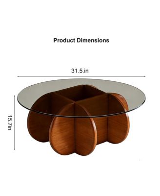 31.5 Inch Round Walnut Coffee Table, Mid Century Modern Tempered Glass Top Center Table for Living Room