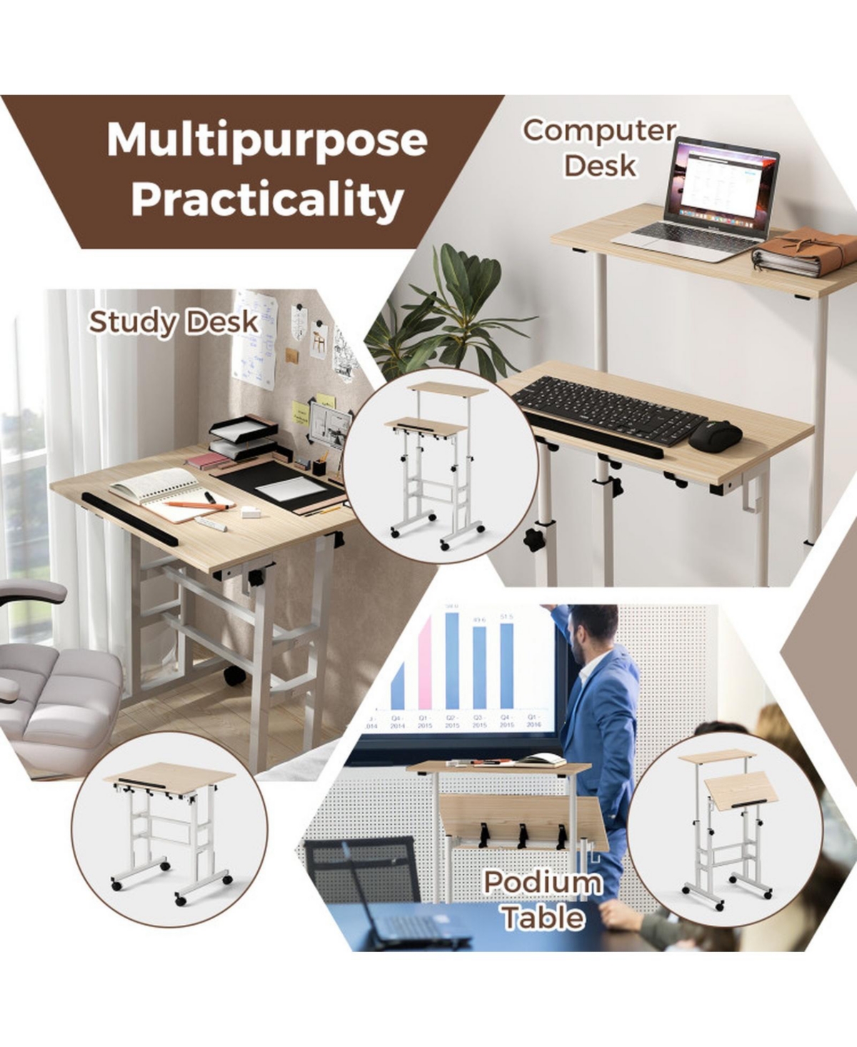 Gouun Mobile 2-Tier Standing Desk with Rolling Wheels and Adjustable Heights