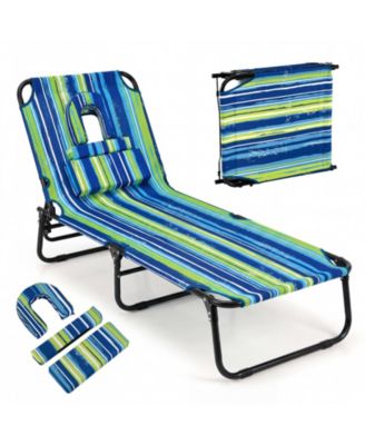 Beach Chaise Lounge Chair with 4-Position Adjustable Backrest and Face Hole Pillows