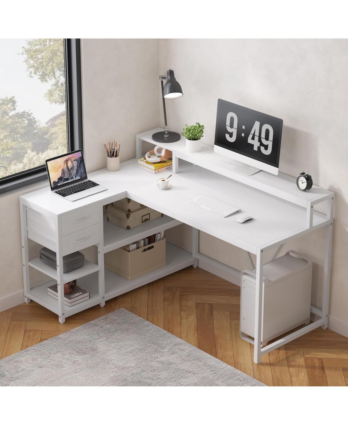 Tribesigns 55" L-Shaped Desk with Drawers and Shelves