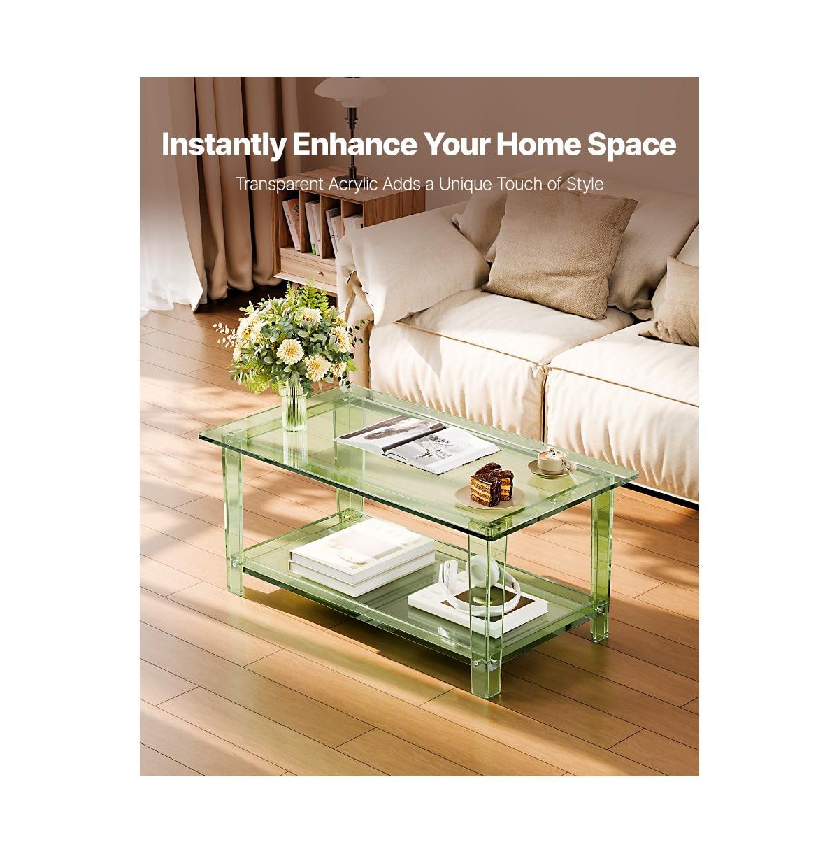 Slickblue Modern Acrylic Coffee Table with 2 Tier Storage Shelf Design