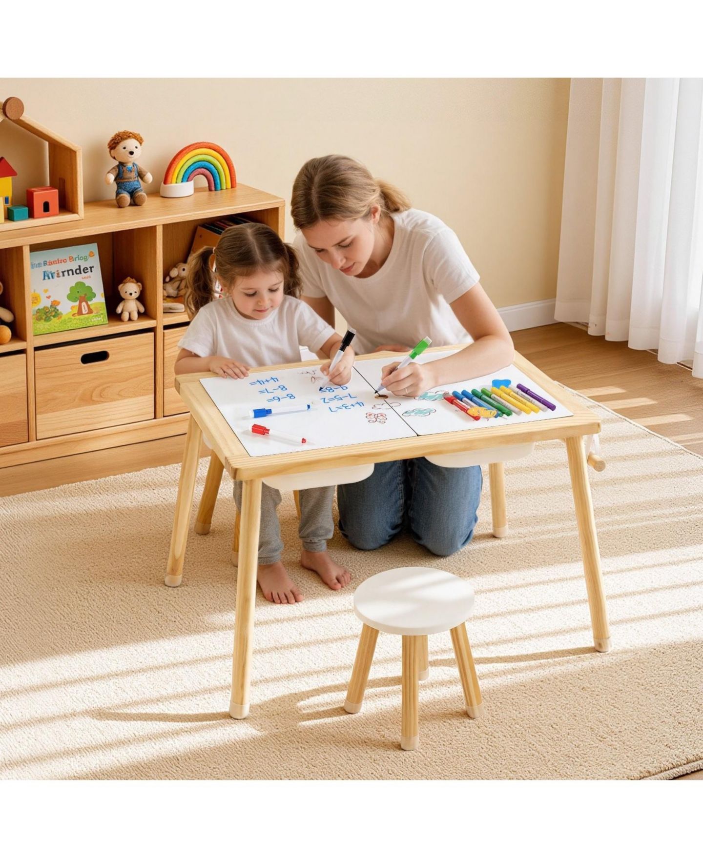 Детская игрушка SUGIFT Wooden Kids Double-Sided Sensory Activity Table with 2 Stools, Non-Slip Feet, Ages 3+, цвет: Натуральный — фото 2