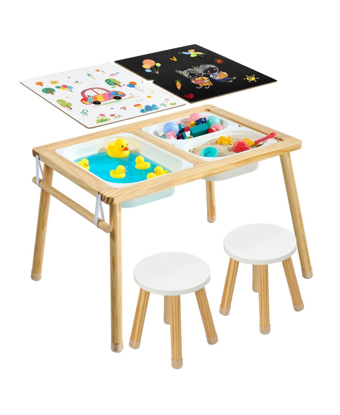 Детская игрушка SUGIFT Wooden Kids Double-Sided Sensory Activity Table with 2 Stools, Non-Slip Feet, Ages 3+, цвет: Натуральный — фото 10