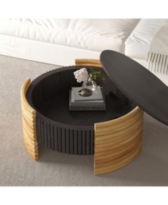 31.5" Round Flip-Top Coffee Table, Colorblock Striped MDF with Wood Veneer