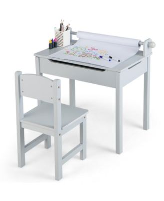 Wooden Kids Activity Table and Chair Set with Paper Roll Holder and Storage