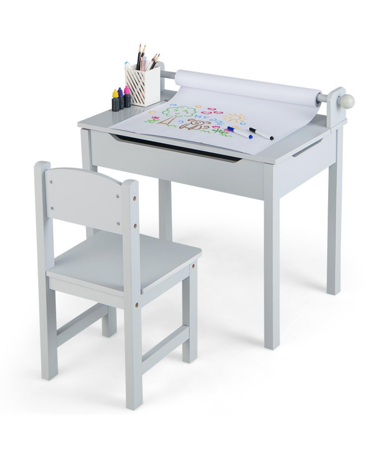 Gouun Wooden Kids Activity Table and Chair Set with Paper Roll Holder and Storage - Gray