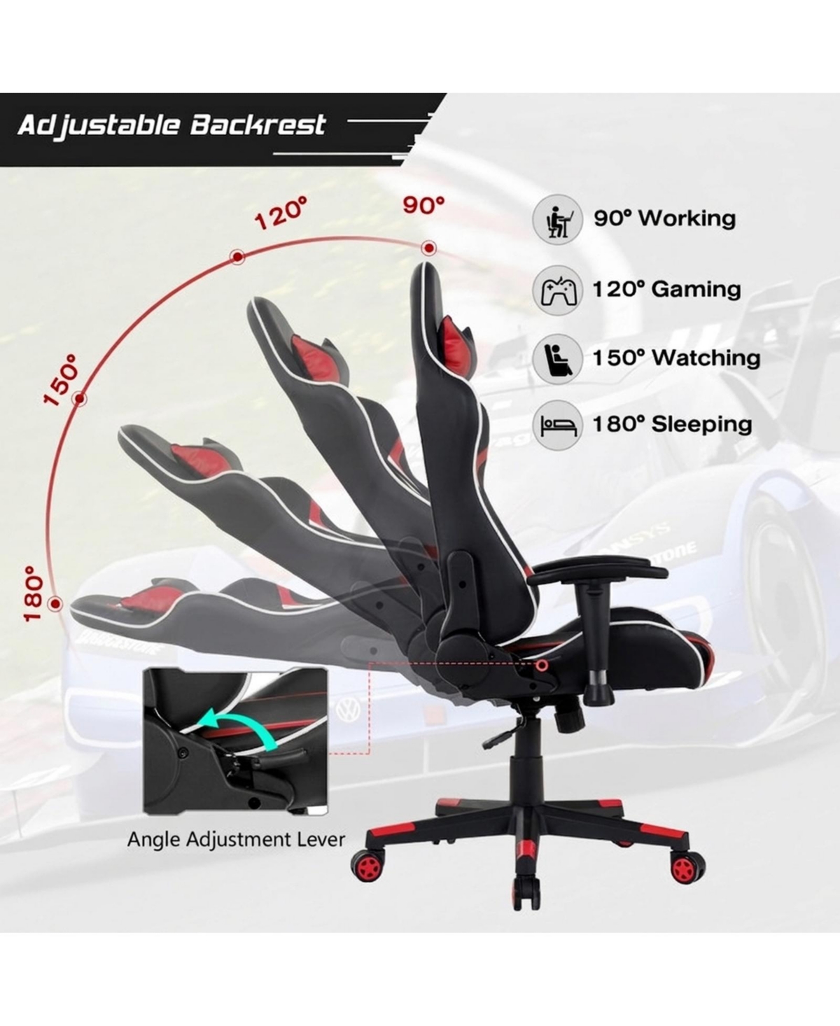 Gouun Reclining Swivel Massage Gaming Chair with Lumbar Support and Headrest