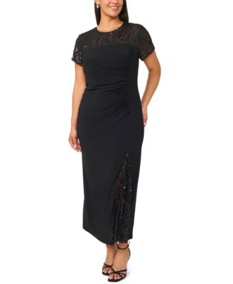 Plus Size Beaded Mesh Side Ruched Short-Sleeve Gown