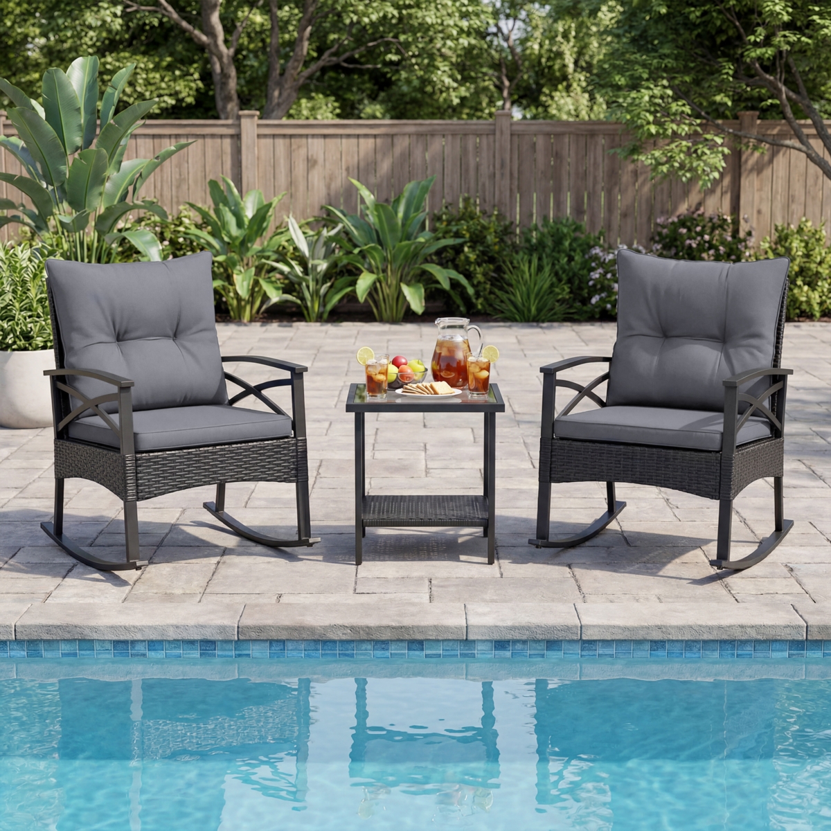 Gymax 3 Pieces Rattan Rocking Bistro Set with Tempered Glass Tabletop and Cushions for Porch Mix
