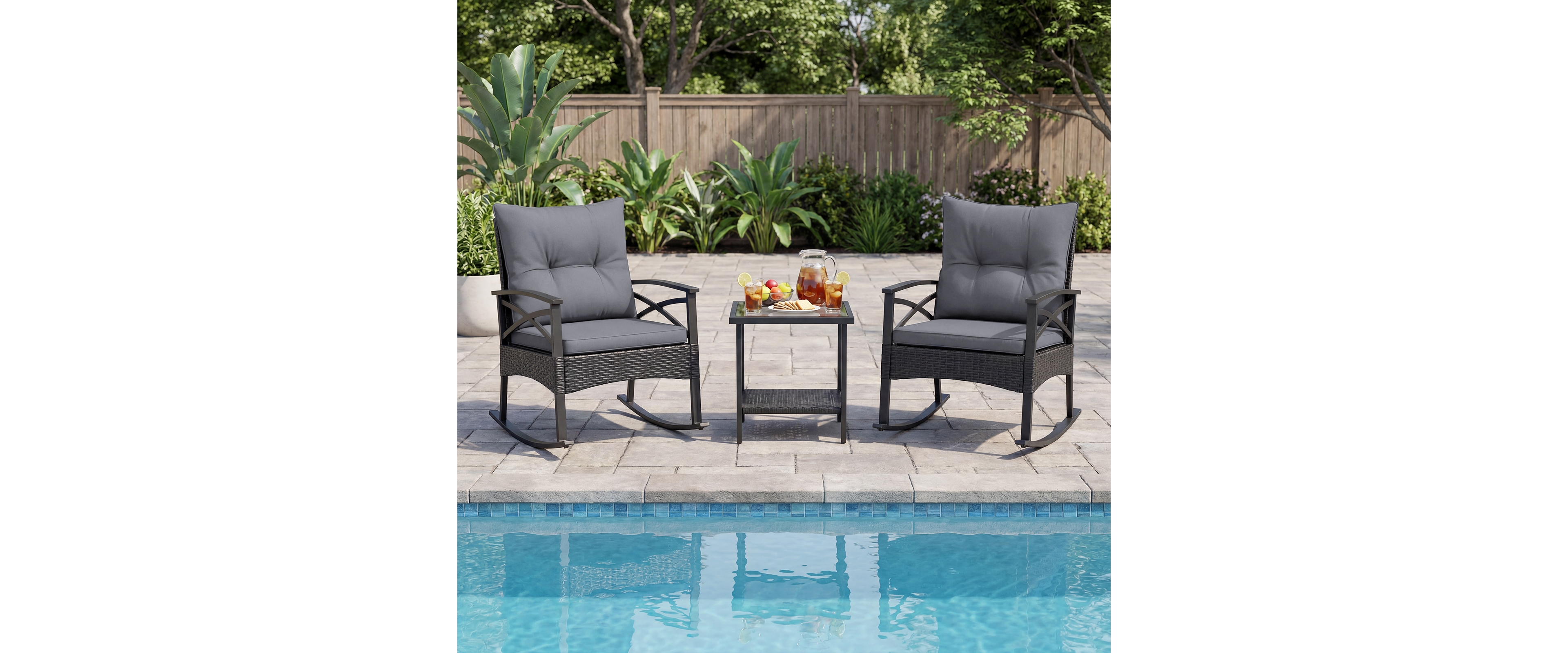Gymax 3 Pieces Rattan Rocking Bistro Set with Tempered Glass Tabletop and Cushions for Porch Mix