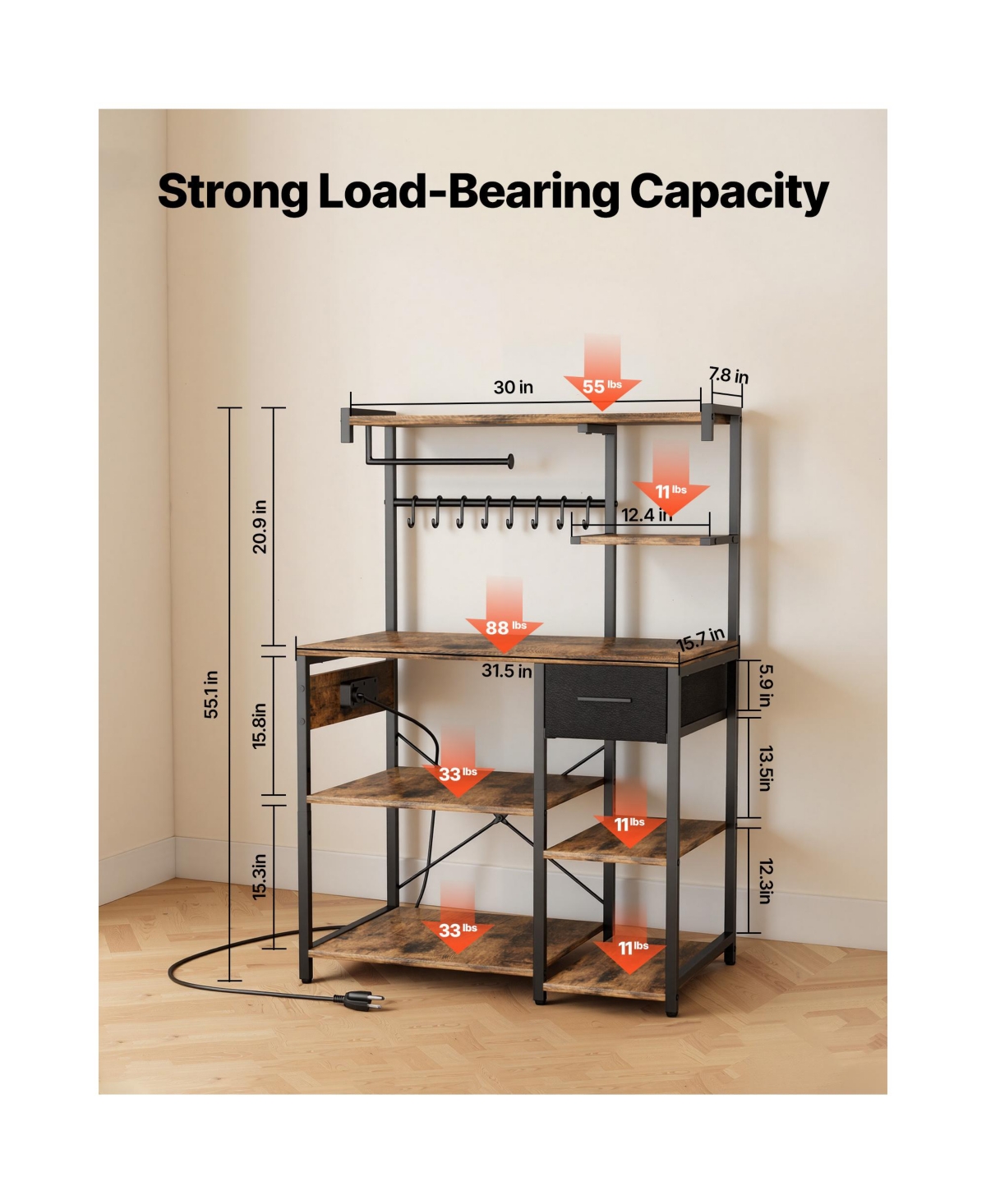 Sugift Kitchen Bakers Rack with Power Outlet 4.6ft Power Cable X-Shaped Support Bar 8 S-Shaped Hooks
