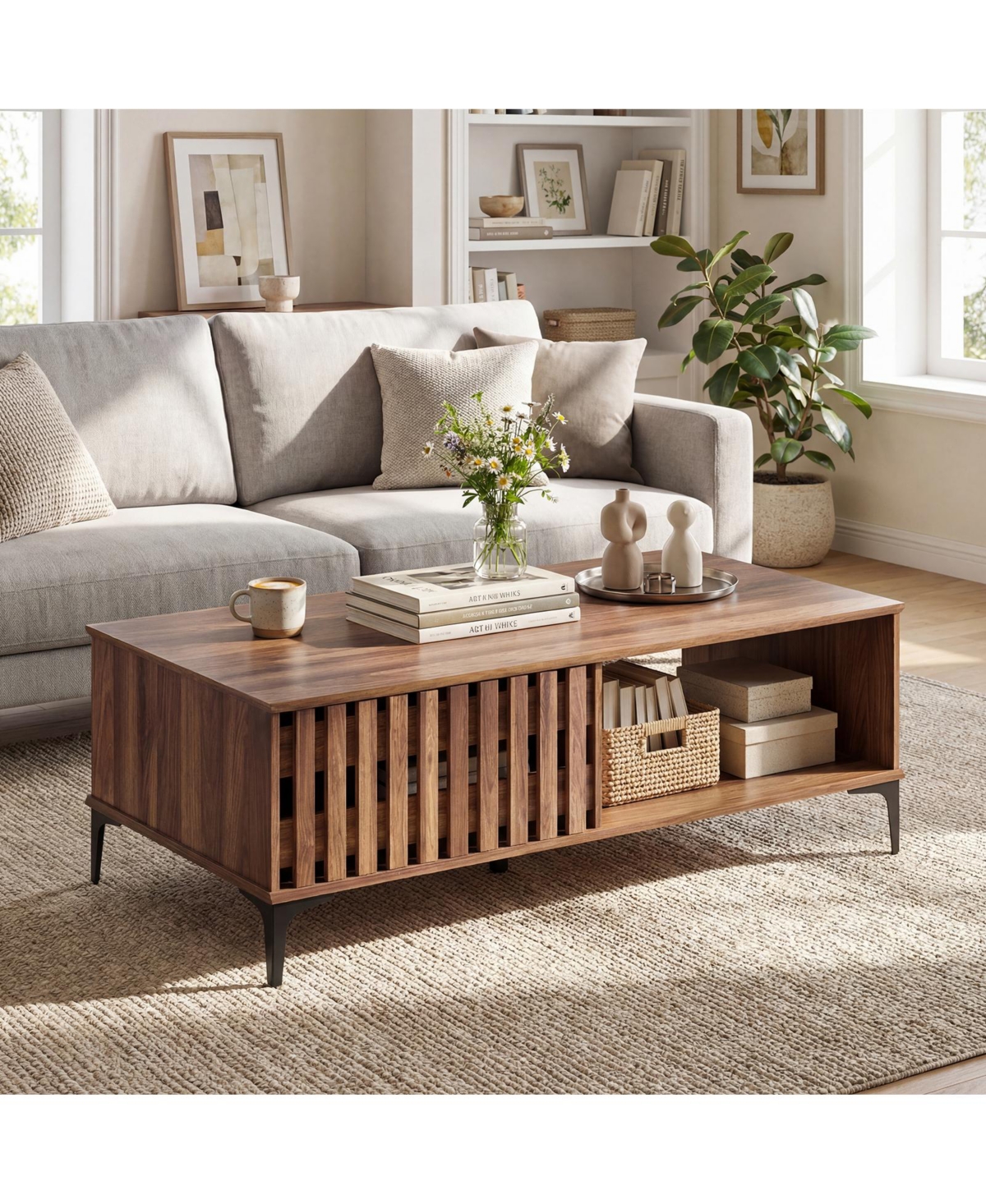 Costway 47" Mid Century Coffee Table with Fence Doors Open Compartment Front Rear Cabinets