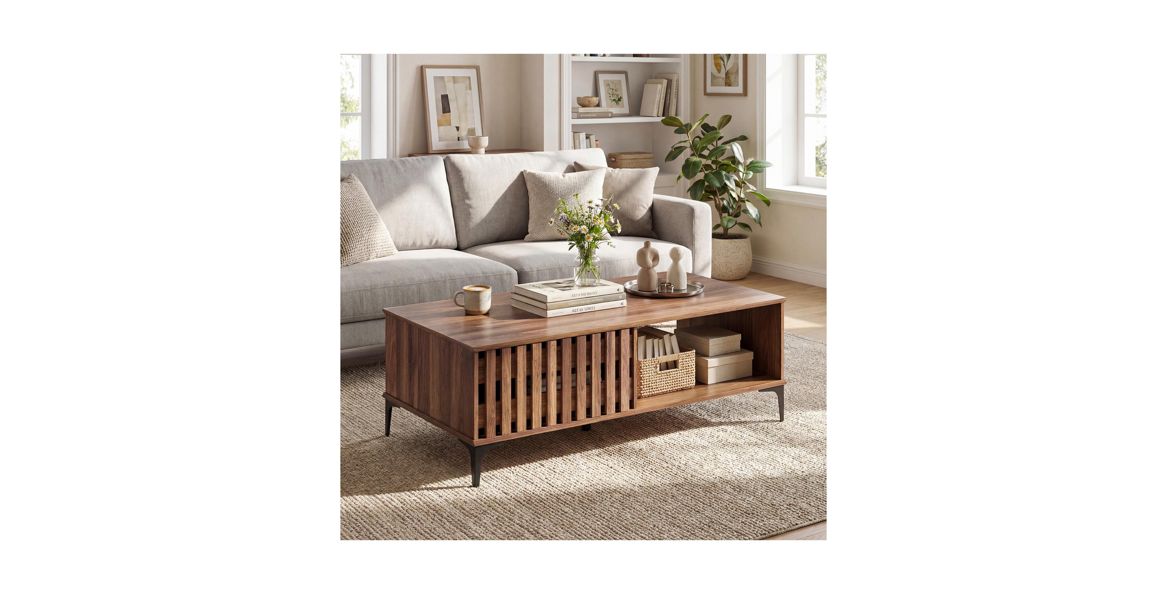 Costway 47" Mid Century Coffee Table with Fence Doors Open Compartment Front Rear Cabinets