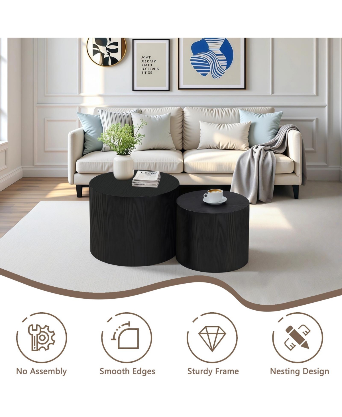 Flynama Set of 2 Matte Nesting Coffee Tables with Non-Slip Feet
