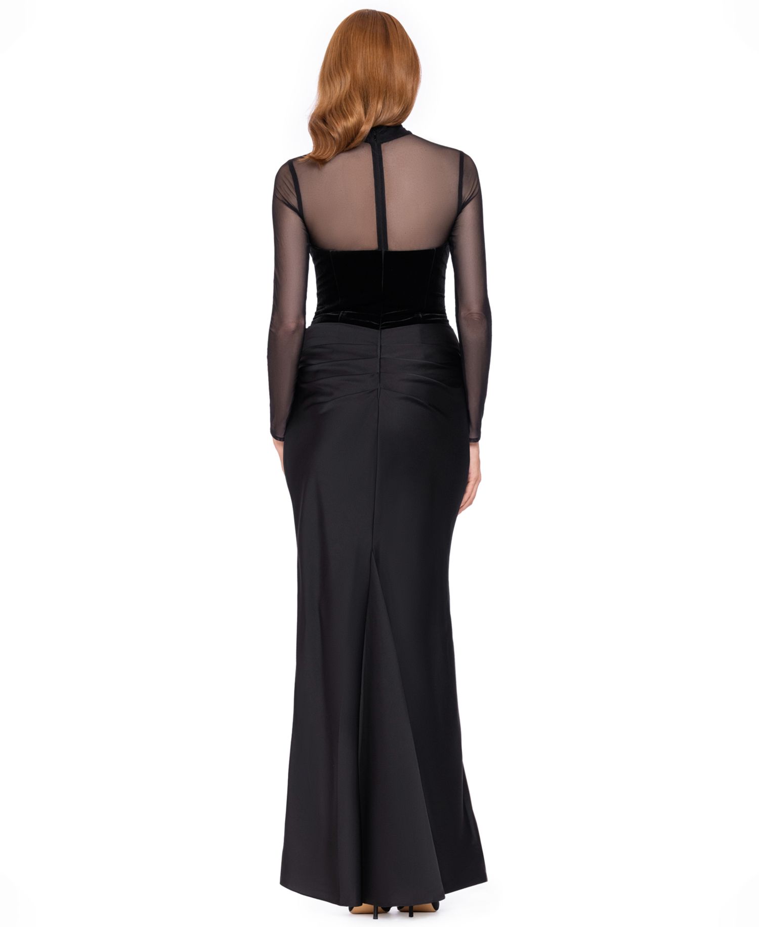 Women's Short Scuba Crepe With Drape Back Velvet Long-Sleeve Mesh Gown