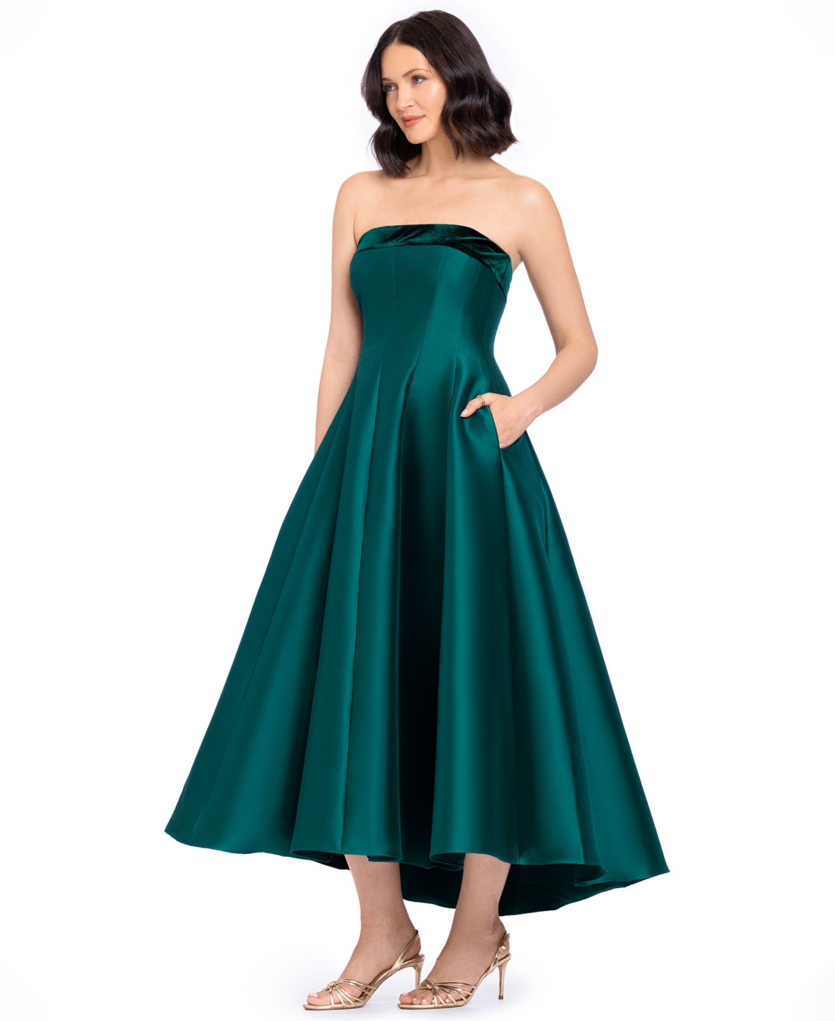 Betsy & Adam Women's Strapless Mikado With Velvet Stripe High Low Fit Flare Dress