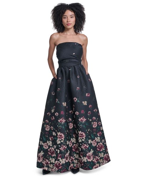 Женские платья KARL LAGERFELD PARIS Strapless Floral Gown, цвет: Чёрный разноцветный