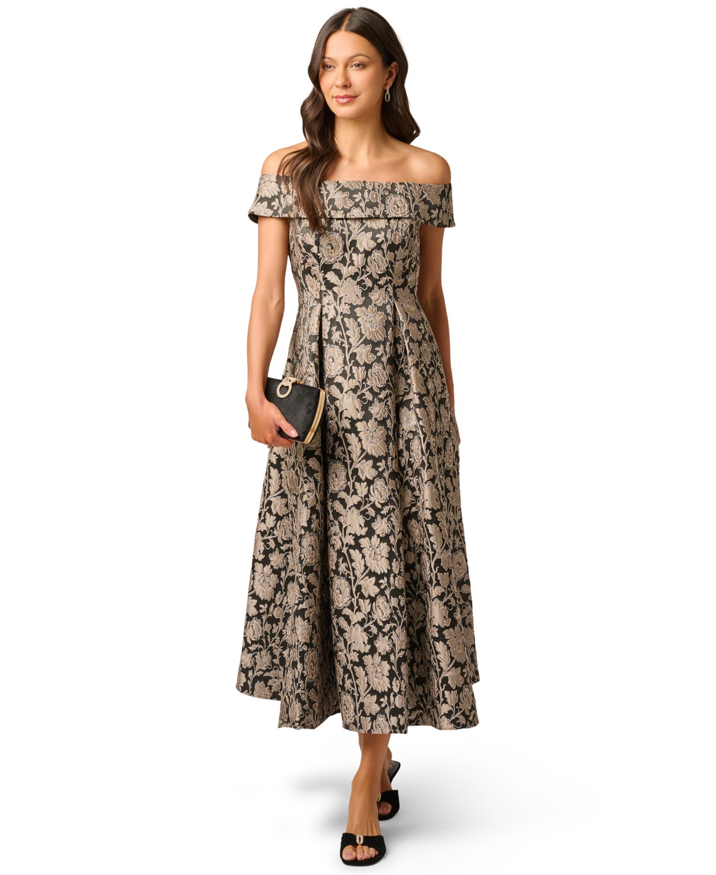 Женское платье Adrianna Papell Off-the-Shoulder Floral-Print Jacquard Midi, цвет: Чёрный / Серо-коричневый — фото 2