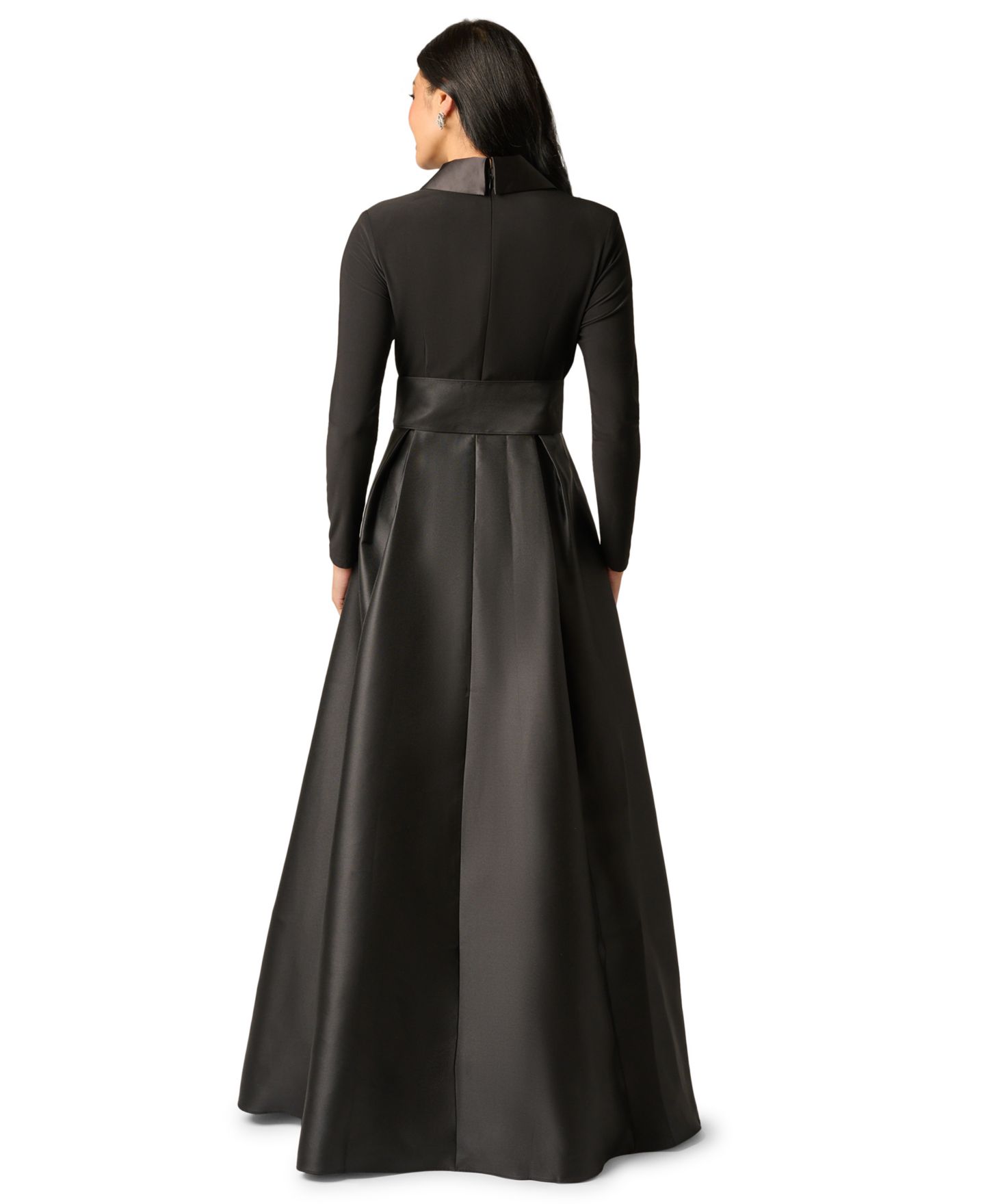 Женское платье Adrianna Papell Tuxedo Combo Fit and Flare Long-Sleeve Shawl Collar Satin Gown, цвет: Чёрный — фото 4