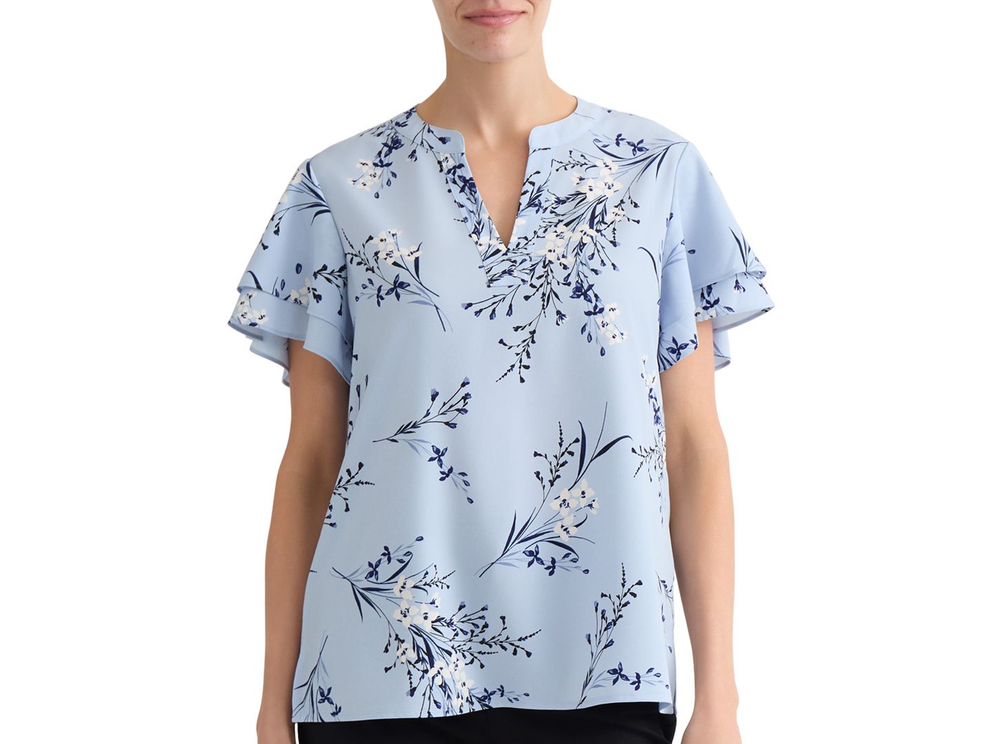 Женская блузка Jones New York Petite Floral-Print Short-Sleeve, цвет: Синий — фото 1