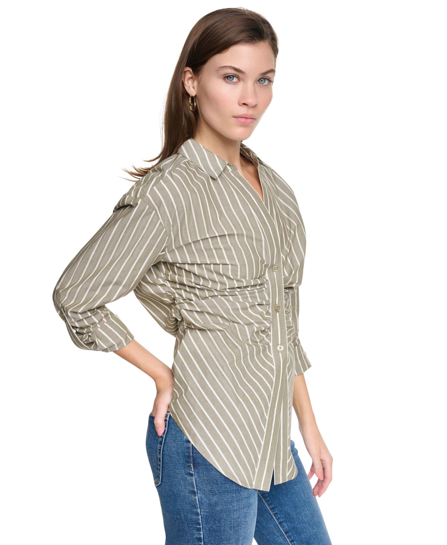 Petite Ruched Striped 3/4-Sleeve Poplin Shirt