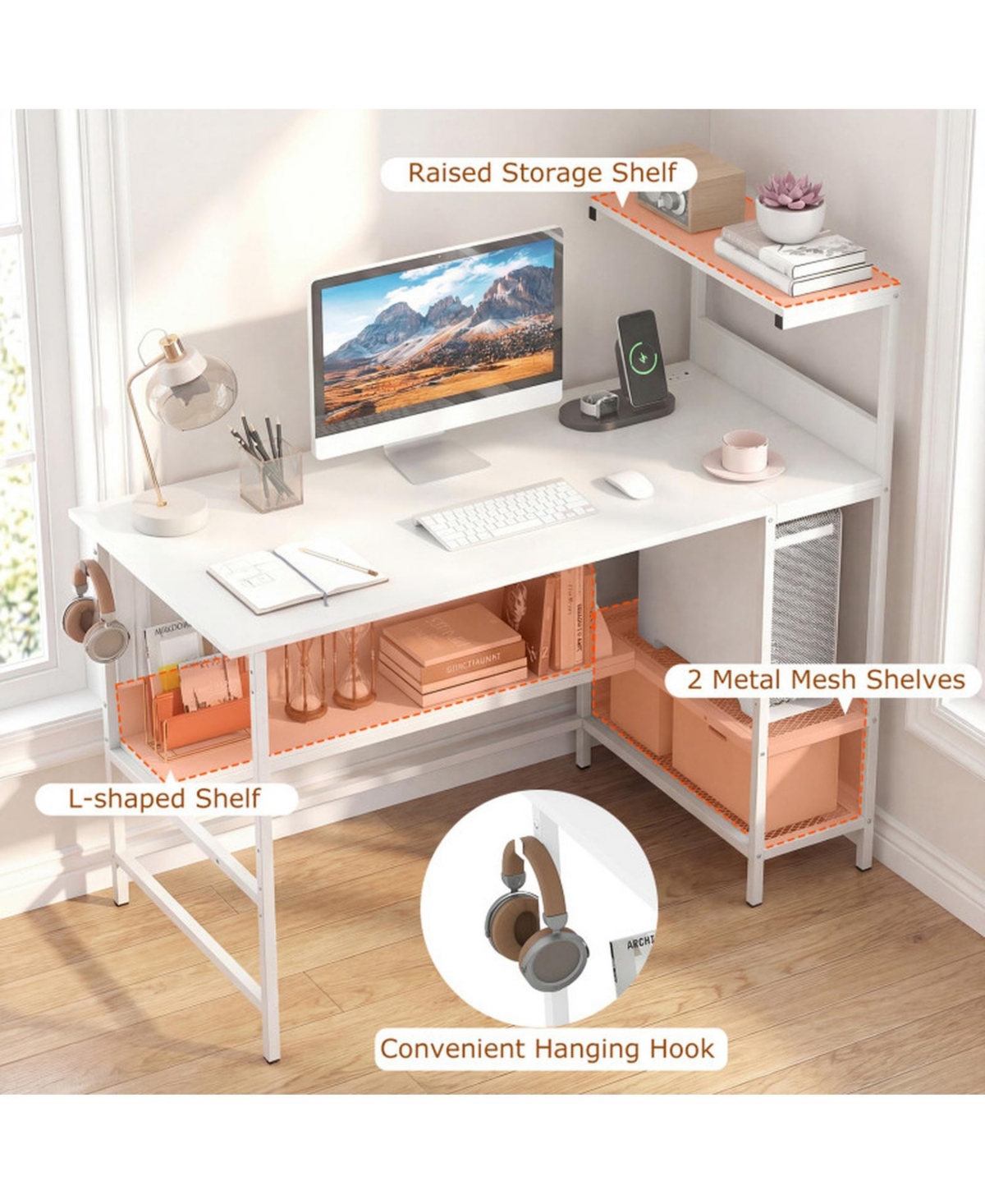 Sugift Computer Desk with Power Outlets and Storage Shelves
