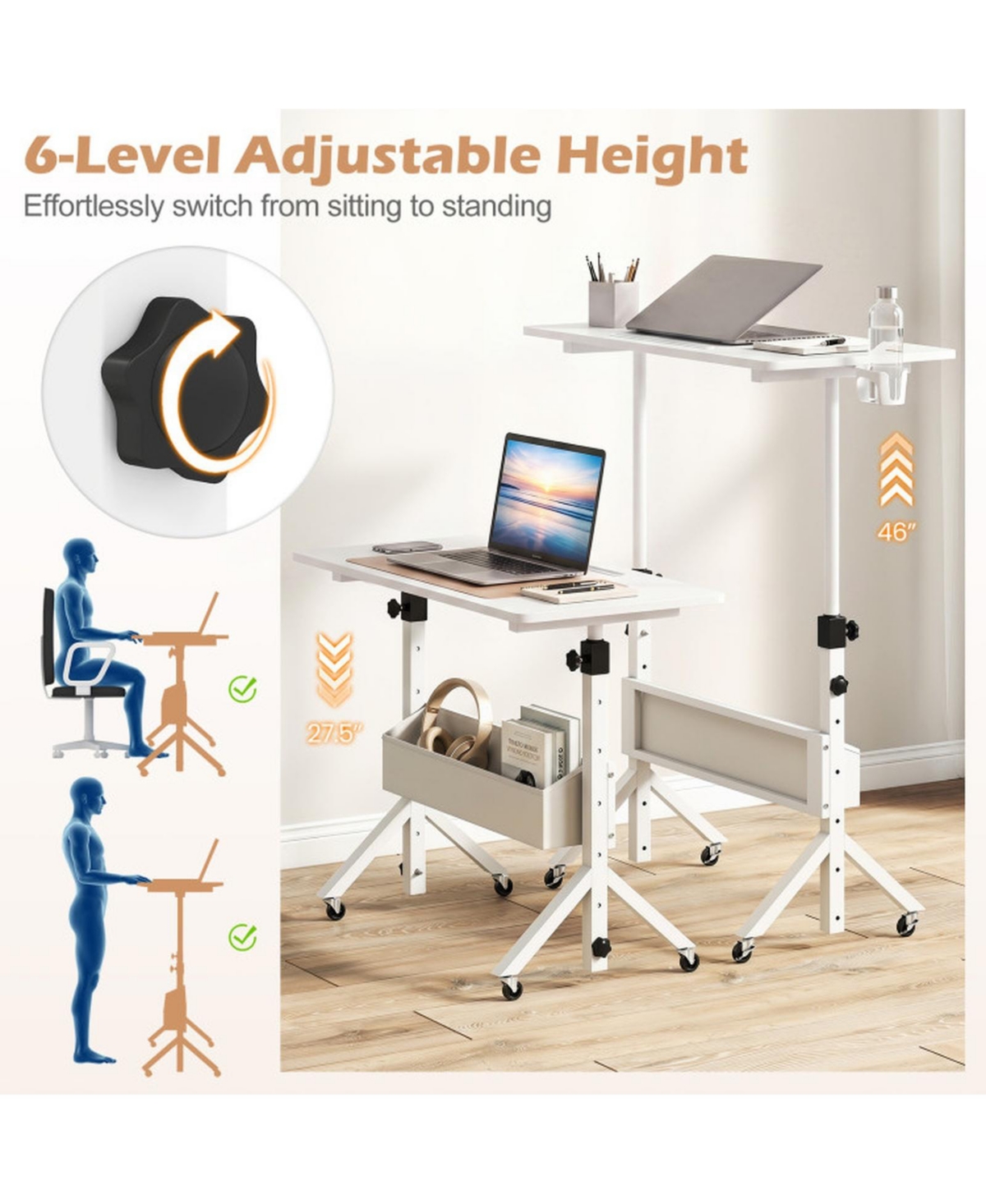 Sugift Mobile Standing Desk with Cup Holder and Storage Basket