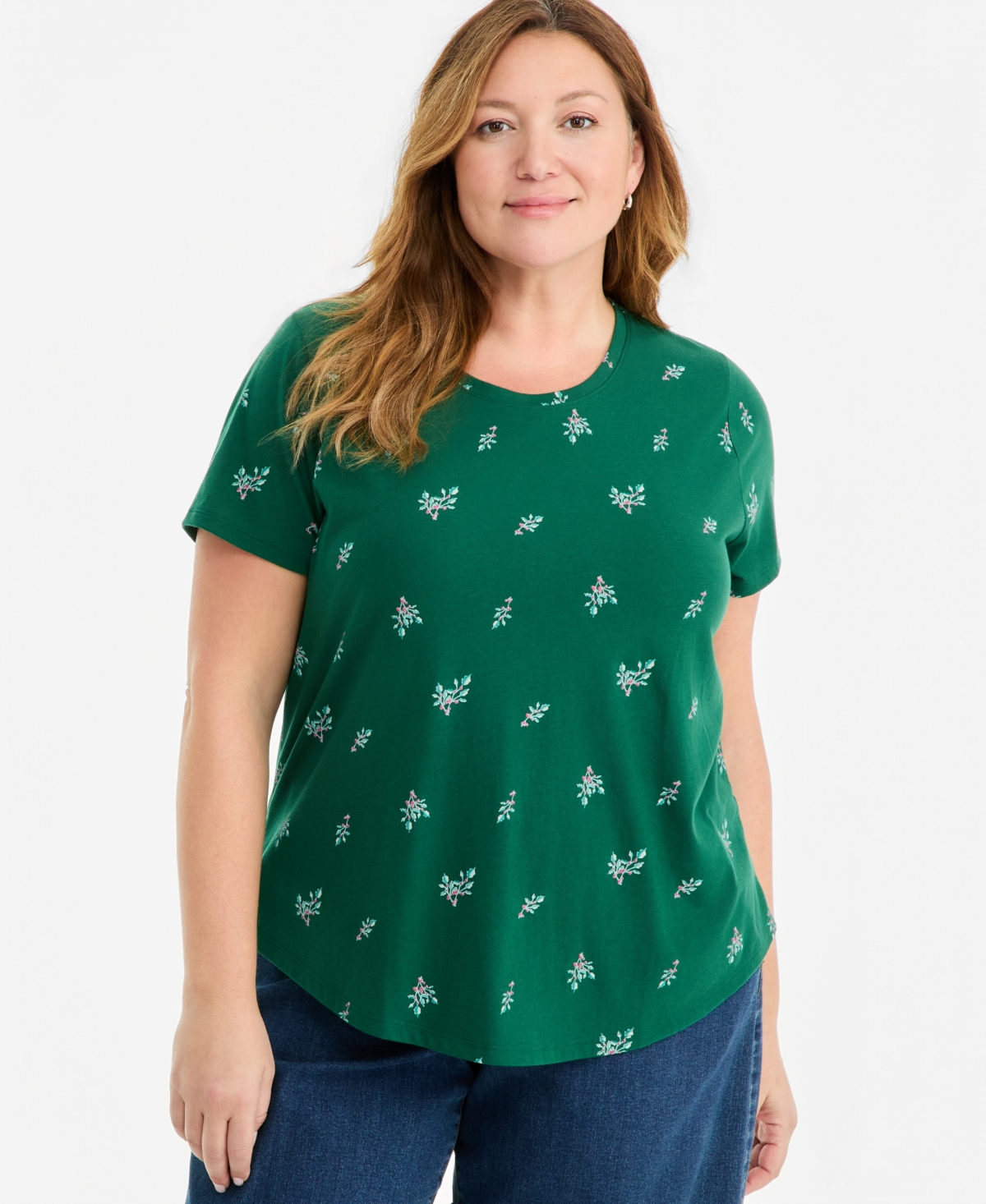 Style & Co Plus Size Printed Short-Sleeve Crewneck Tee, Macy's Exclusive - Calypso Green