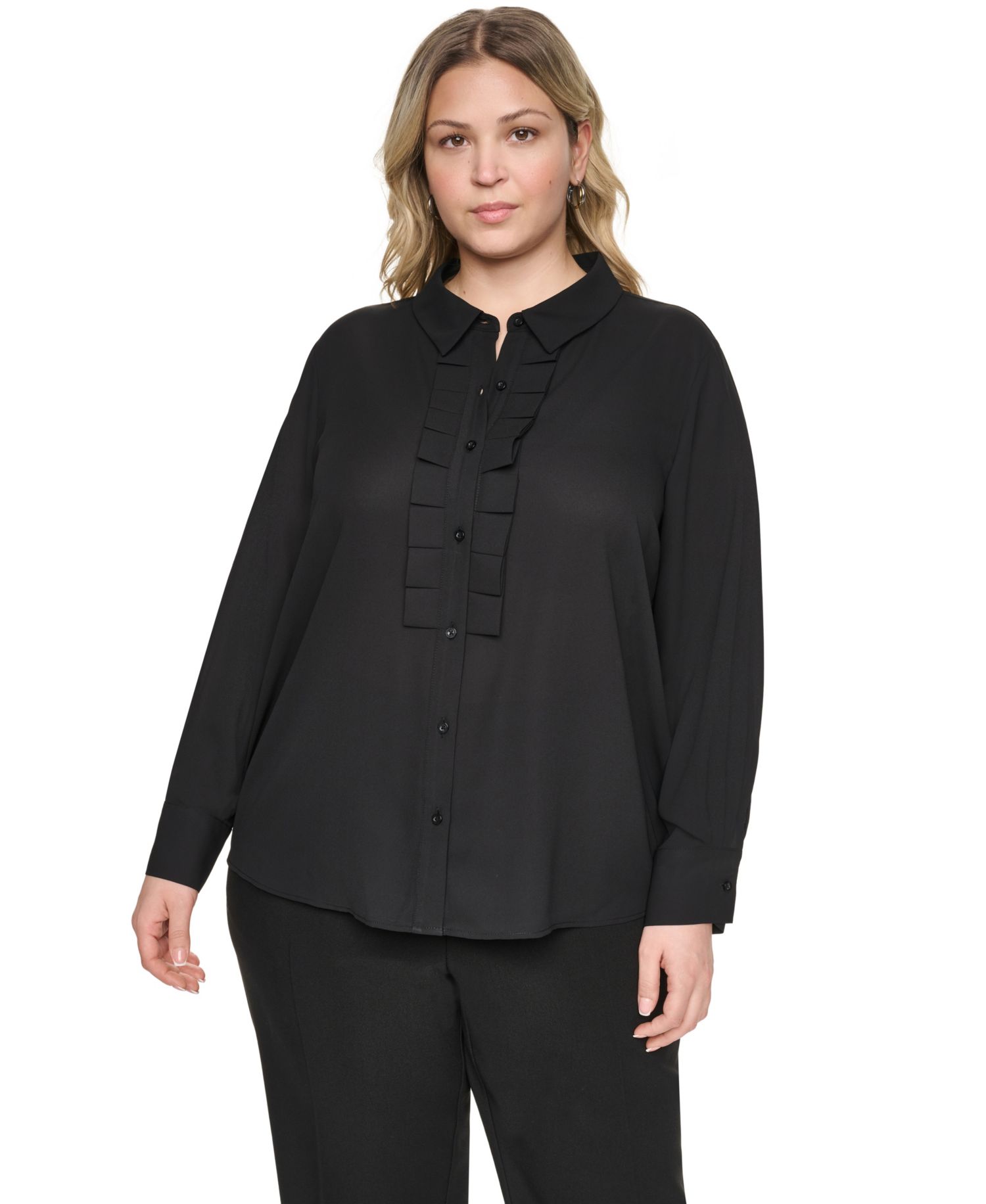 Plus Size Long-Sleeve Collared Pleated Blouse